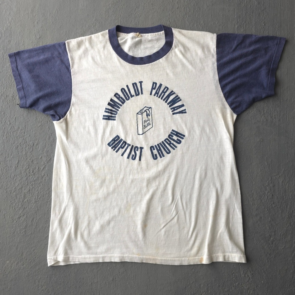 Vintage 80s White T-shirt Large Humboldt Parkway Baptist Church Ringer